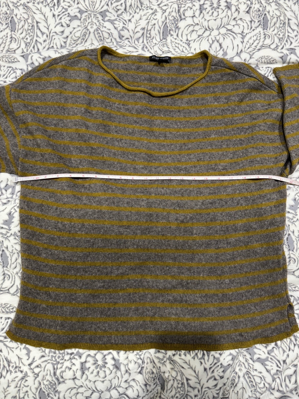 Eileen Fisher Gray and Mustard Striped Scoop-Neck yak & wool Sweater size L - Picture 9 of 12